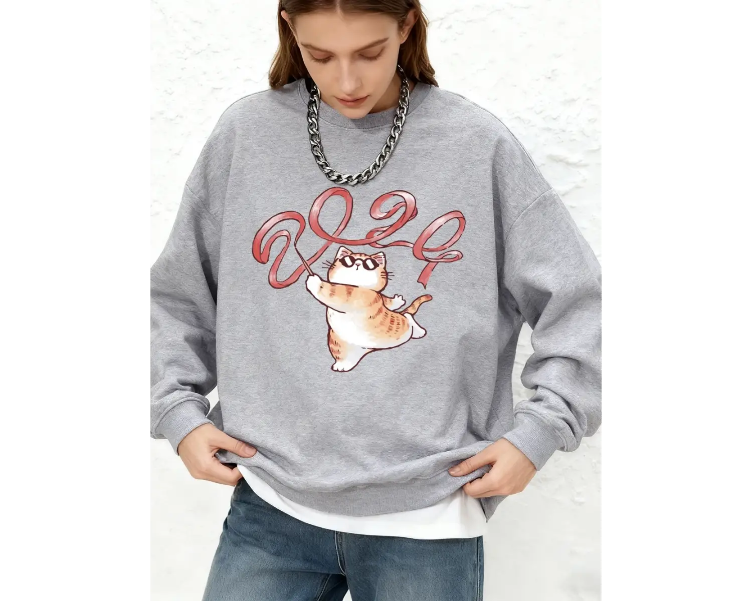 Bir Kedi Kurdele Çıkarıyor 2024 Baskılı Sweatshirt Kadın Günlük Uzun Kollu Yuvarlak Yaka Kapü