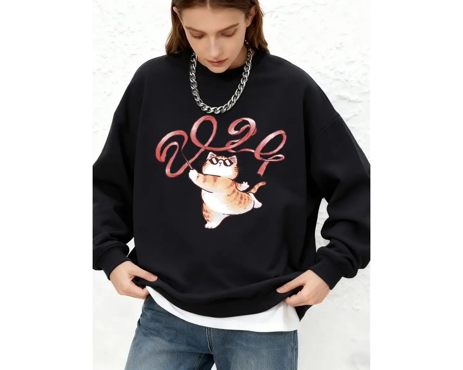 Bir Kedi Kurdele Çıkarıyor 2024 Baskılı Sweatshirt Kadın Günlük Uzun Kollu Yuvarlak Yaka Kapü