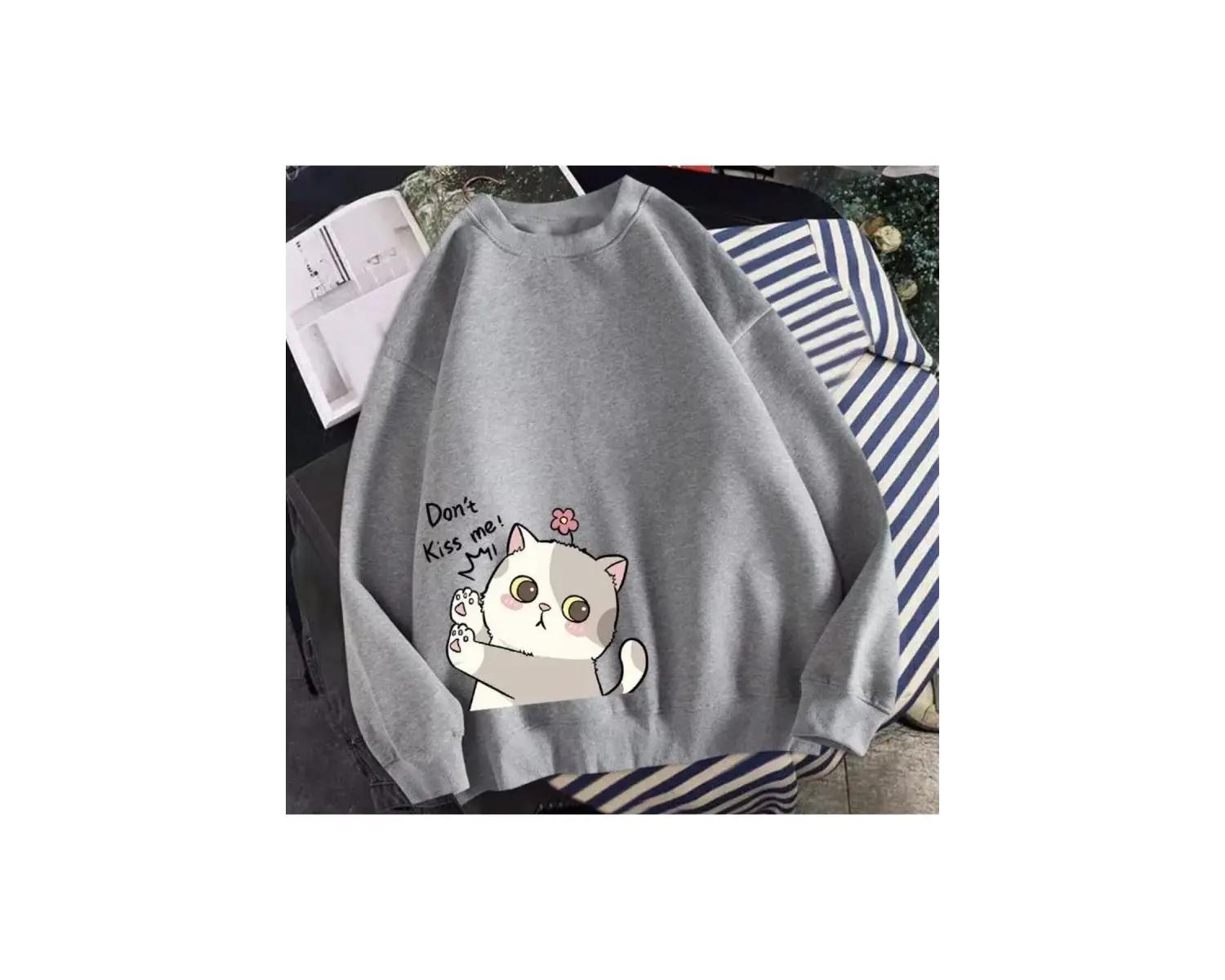 Bisiklet Yaka Dont Kıss Me Kedicik Baskılı Tam Kışlık Kalın Oversize Kadın Sweatsh Beyaz