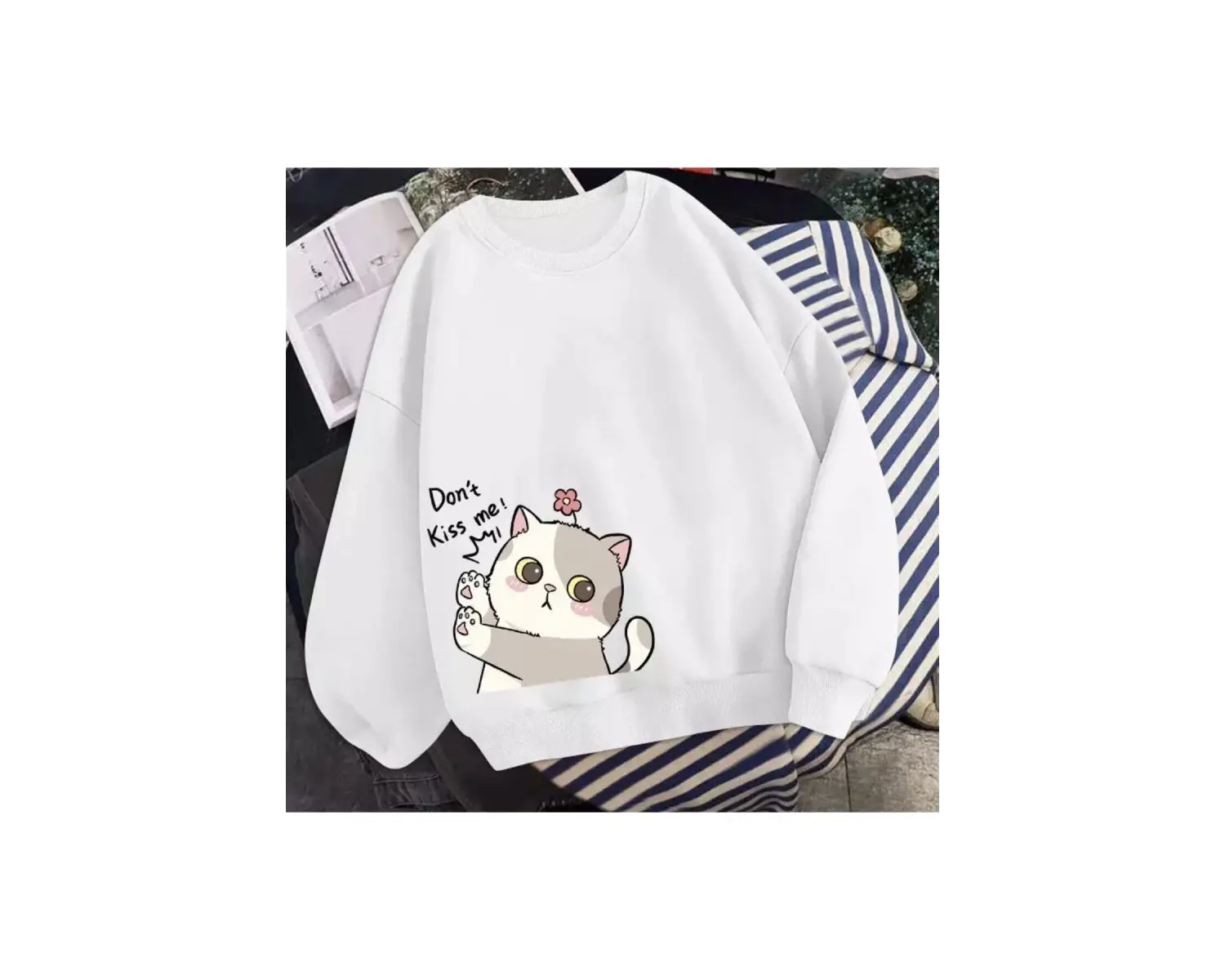 Bisiklet Yaka Dont Kıss Me Kedicik Baskılı Tam Kışlık Kalın Oversize Kadın Sweatsh Beyaz