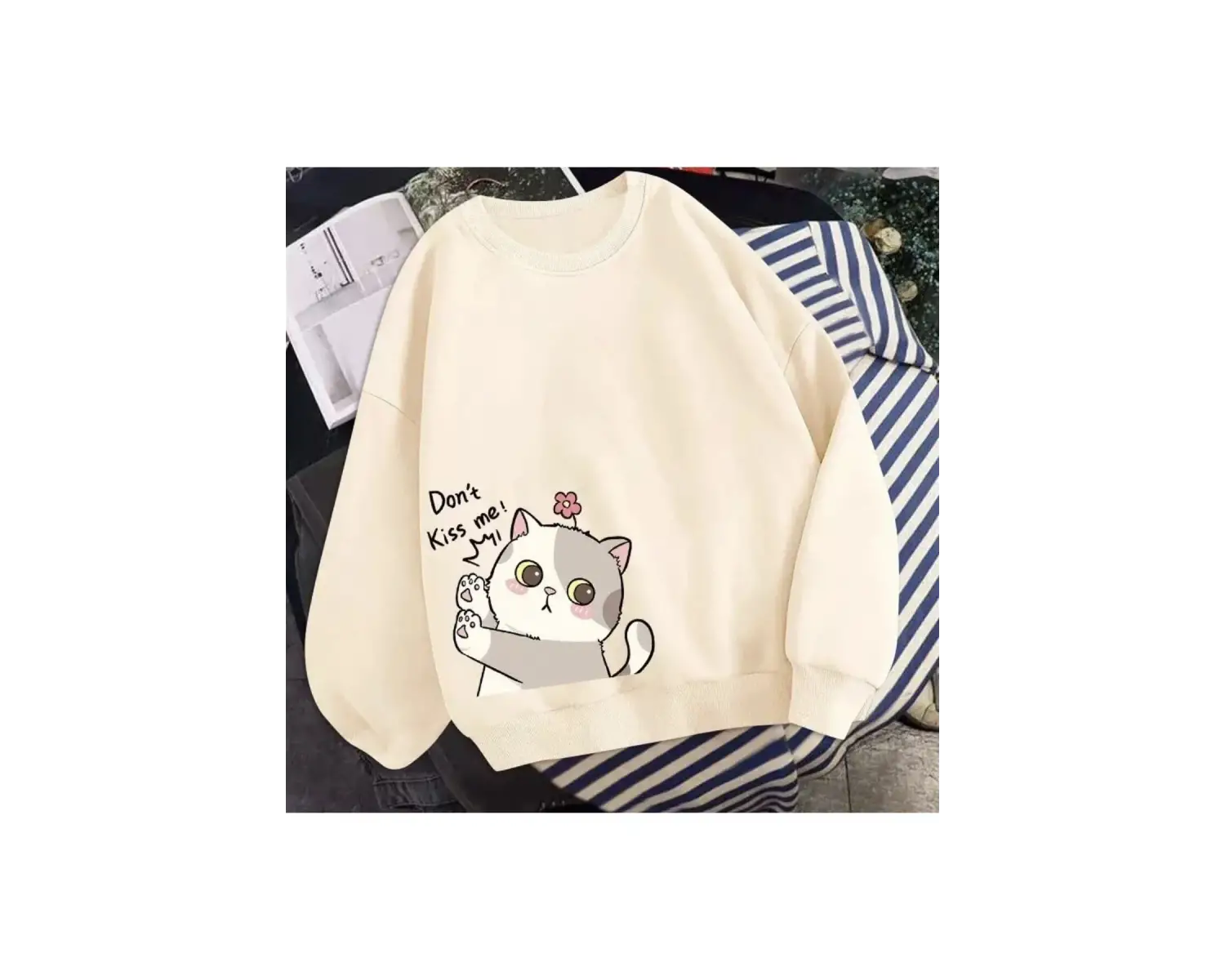 Bisiklet Yaka Dont Kıss Me Kedicik Baskılı Tam Kışlık Kalın Oversize Kadın Sweatsh Beyaz