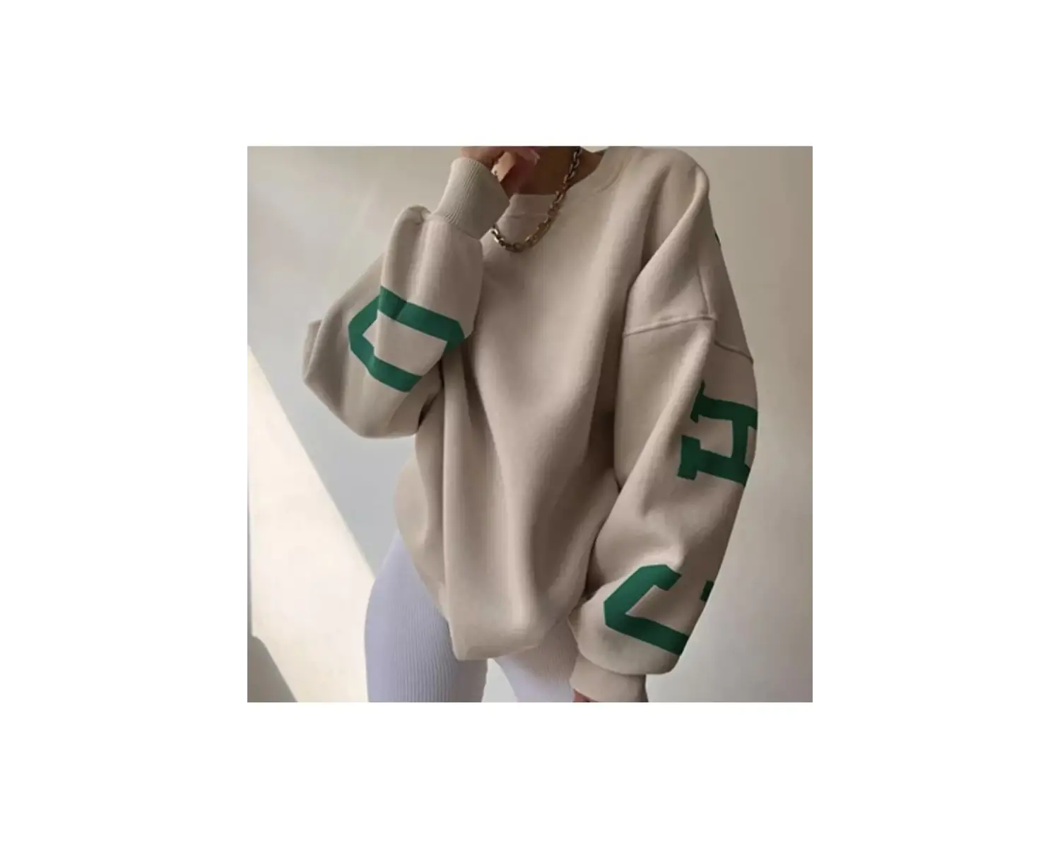 Bisiklet Yaka New York Baskılı Süper Oversize Sokak Stili Kadın Sweatshırt LDYCHC10 Beyaz