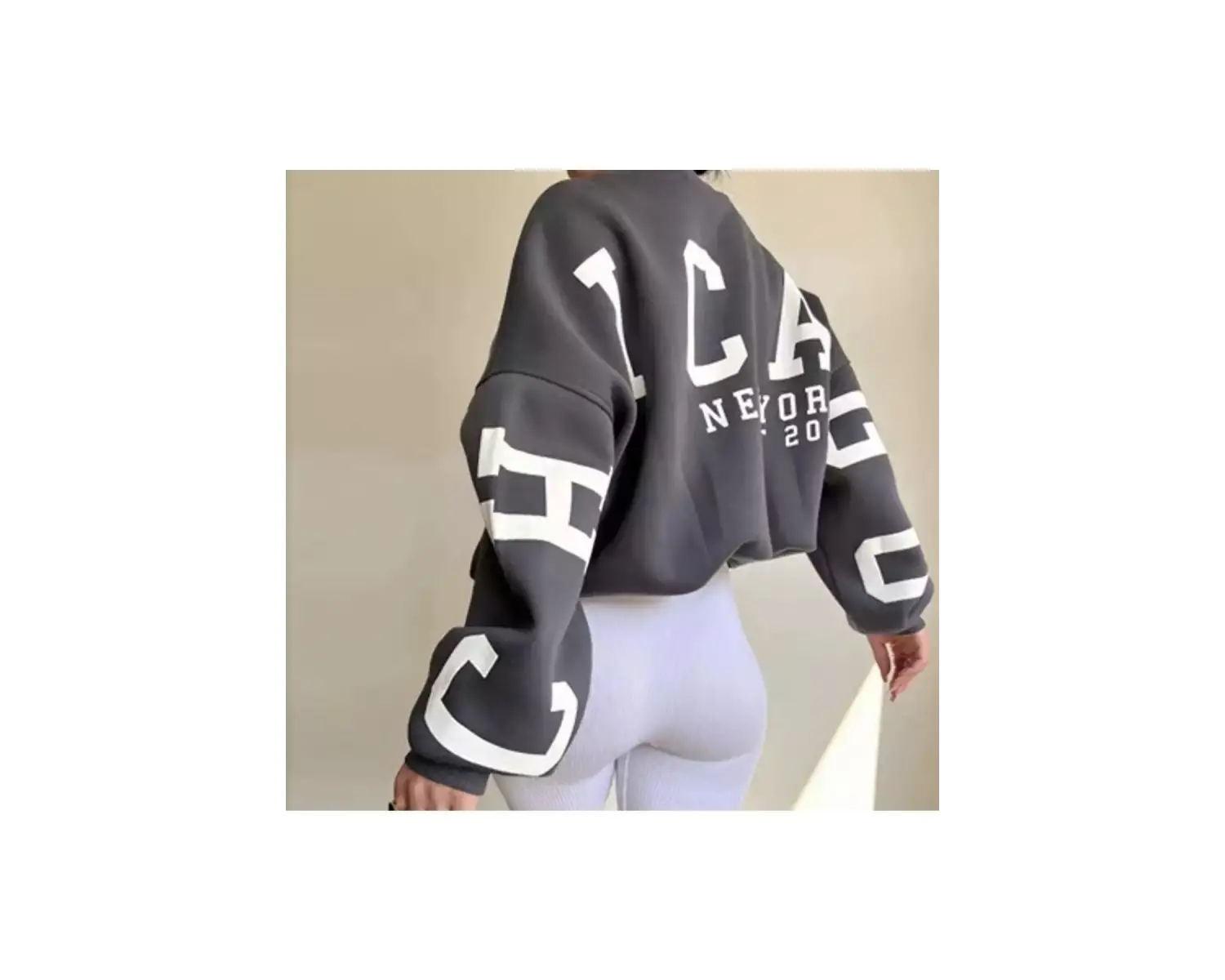 Bisiklet Yaka New York Baskılı Süper Oversize Sokak Stili Kadın Sweatshırt LDYCHC10 Beyaz