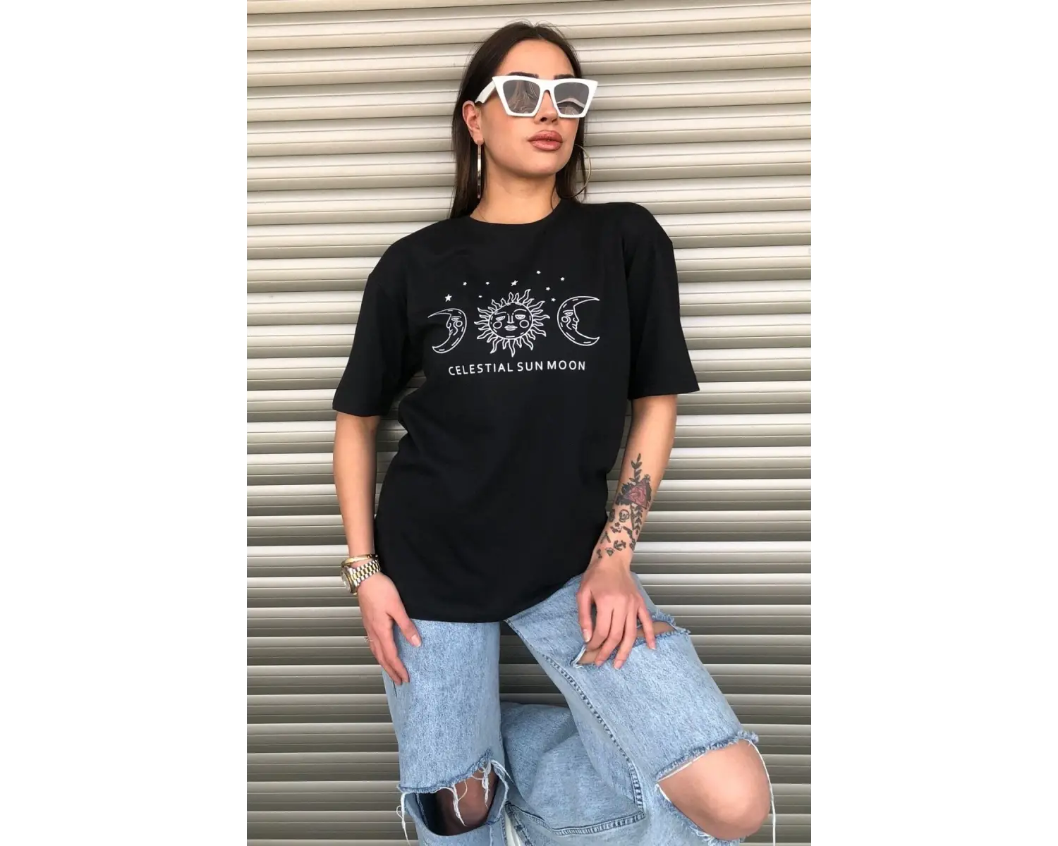 Bisiklet Yaka Siyah Ay Baskılı Oversize