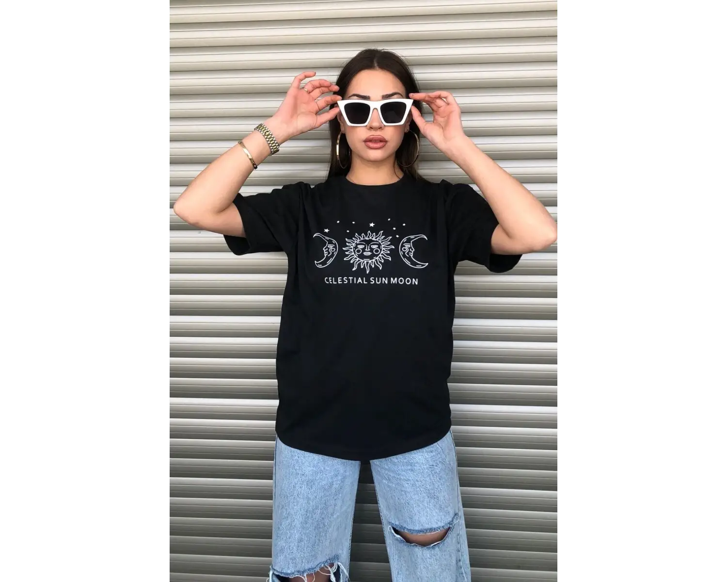 Bisiklet Yaka Siyah Ay Baskılı Oversize