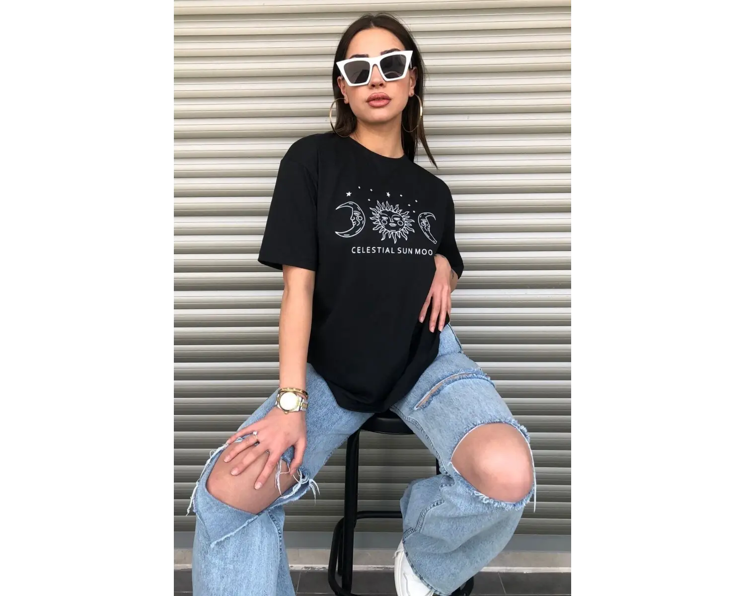 Bisiklet Yaka Siyah Ay Baskılı Oversize