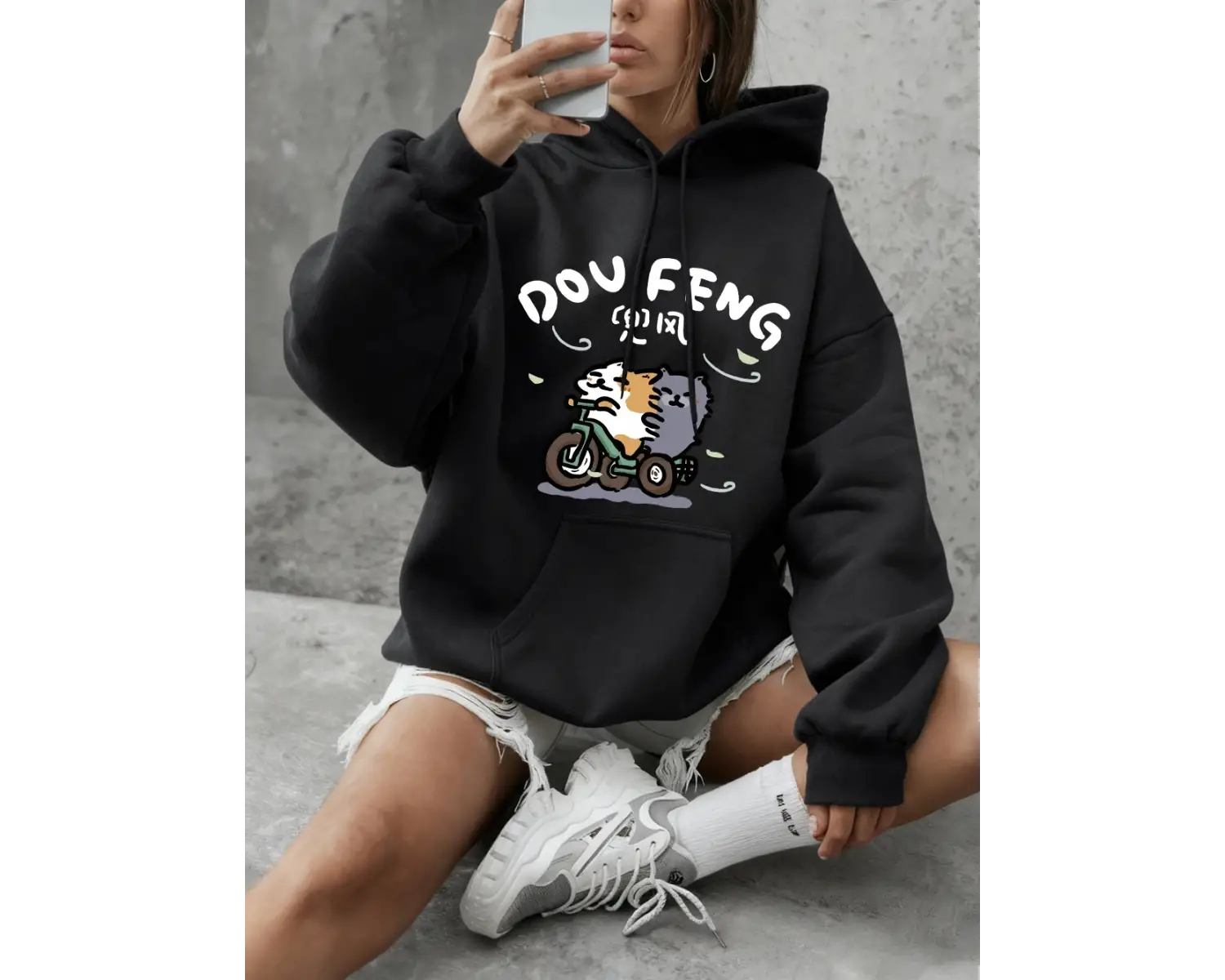 Bisiklete binen kedi baskılı kapüşonlu üstler kadın kışlık polar sıcak tişörtü temel bisiklet