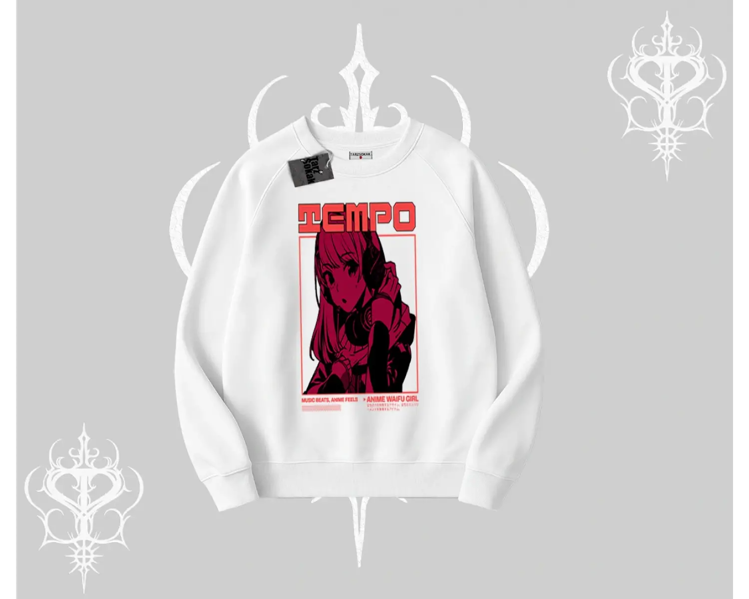 Biskilet Sweatshirt Anime Waifu Kırmızı Grafik Desenli