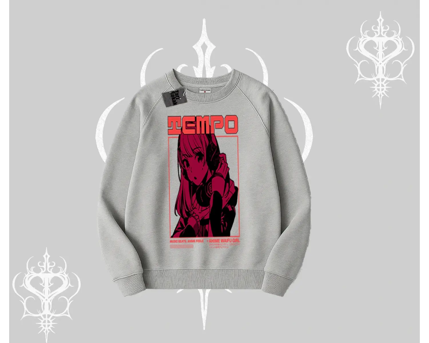 Biskilet Sweatshirt Anime Waifu Kırmızı Grafik Desenli