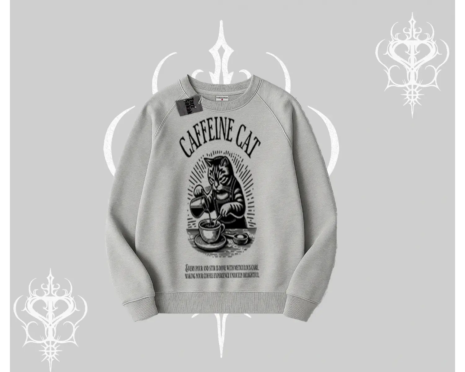 Biskilet Sweatshirt Caffeine Cat Kahve Temalı Kedi Baskılı
