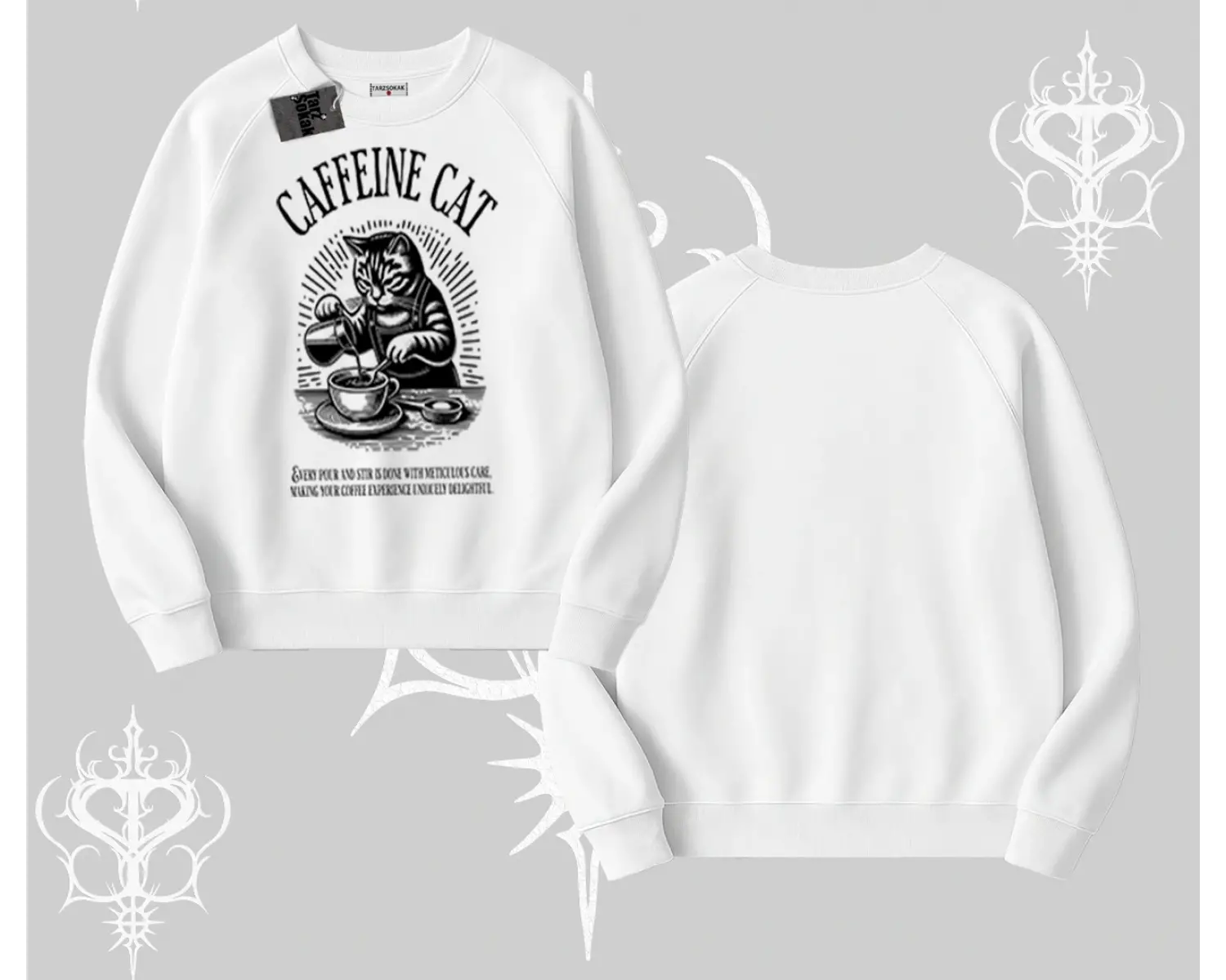 Biskilet Sweatshirt Caffeine Cat Kahve Temalı Kedi Baskılı