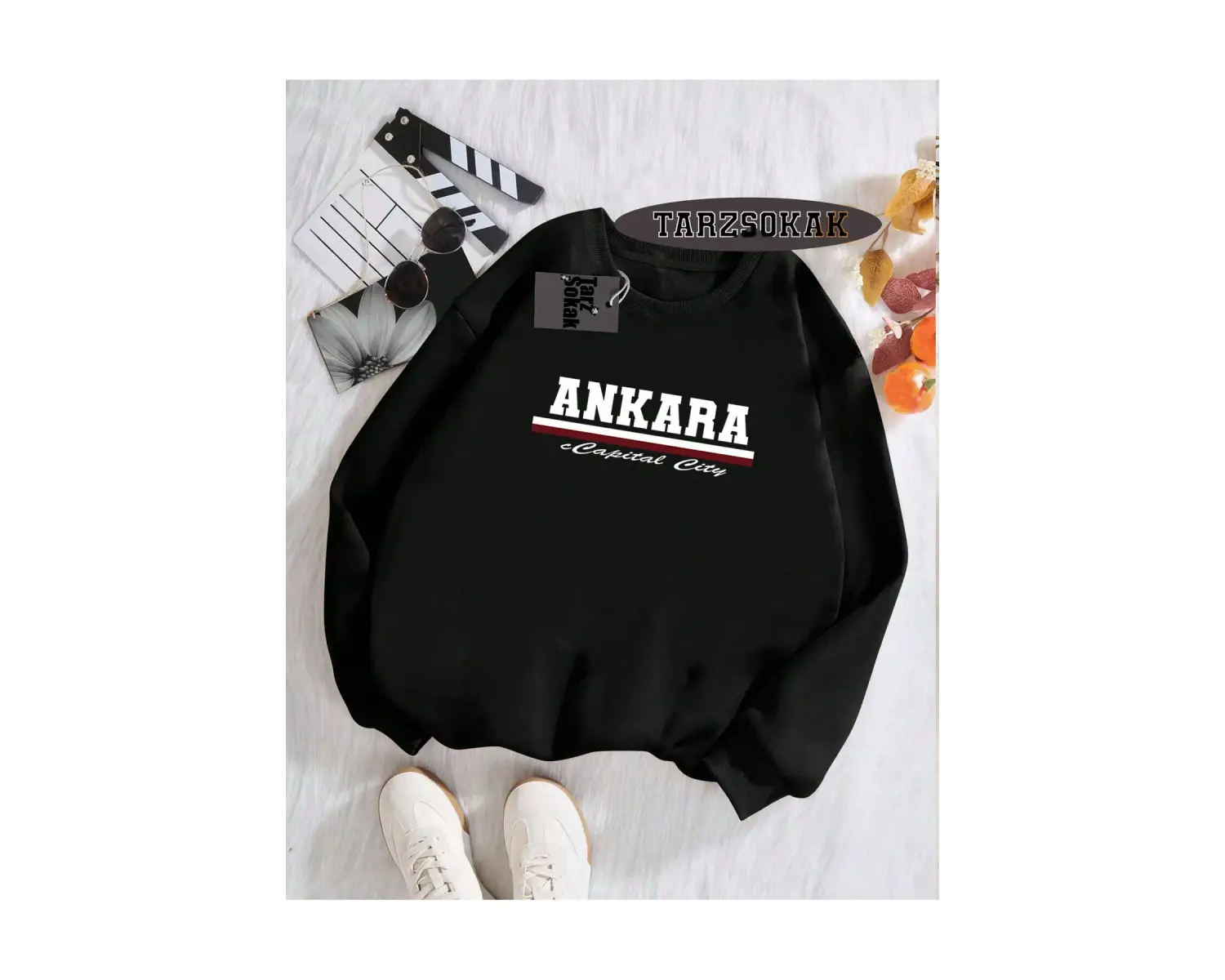 Biskilet Yaka Sweatshirt Beyaz ankara capital city Özel Tasarım Plaka Detaylı