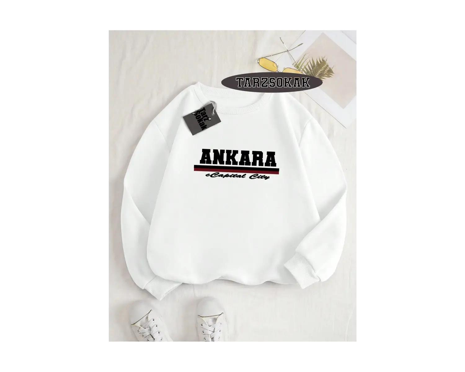 Biskilet Yaka Sweatshirt Beyaz ankara capital city Özel Tasarım Plaka Detaylı
