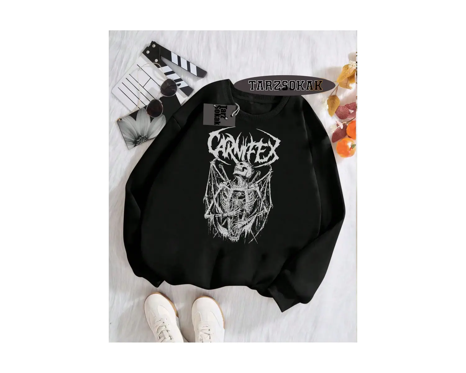 Biskilet Yaka Sweatshirt Beyaz Carnifex Özel Tasarım