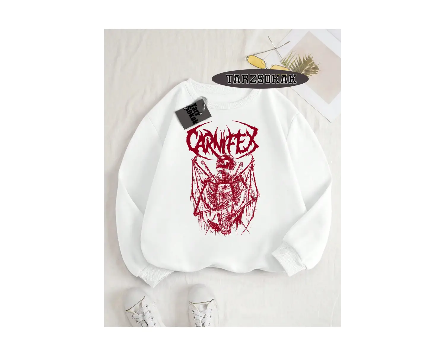 Biskilet Yaka Sweatshirt Beyaz Carnifex Özel Tasarım