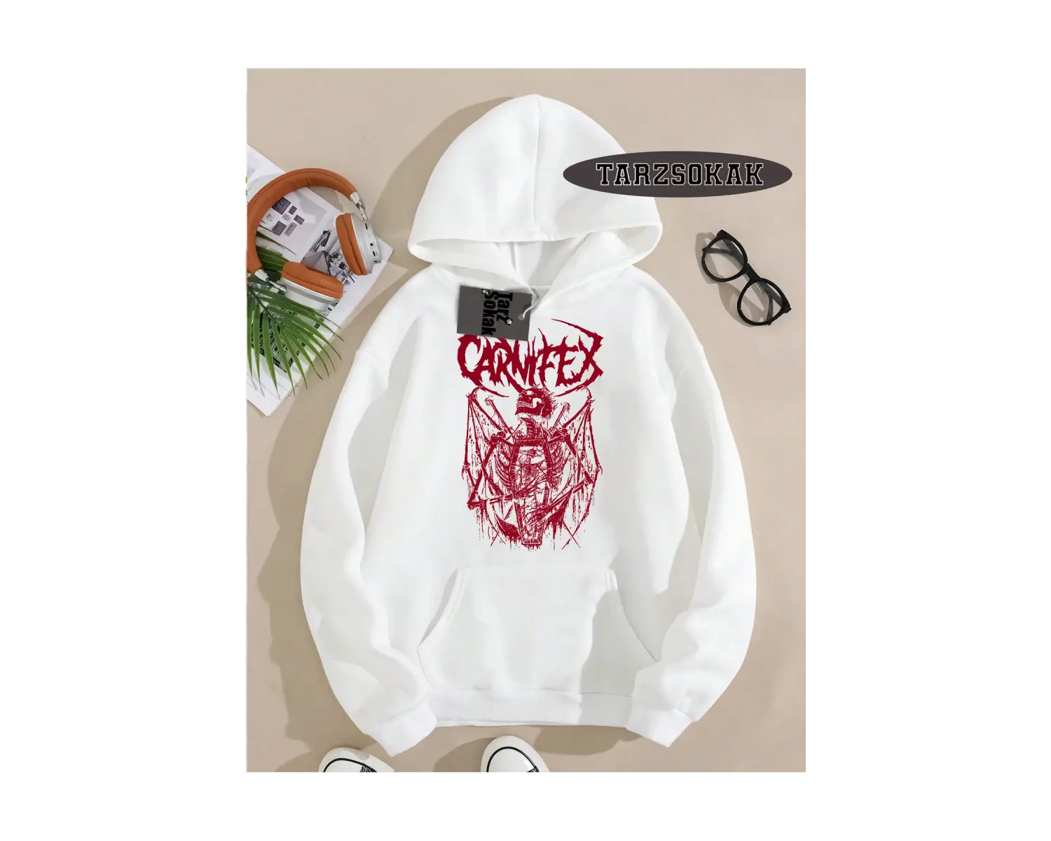 Biskilet Yaka Sweatshirt Beyaz Carnifex Özel Tasarım