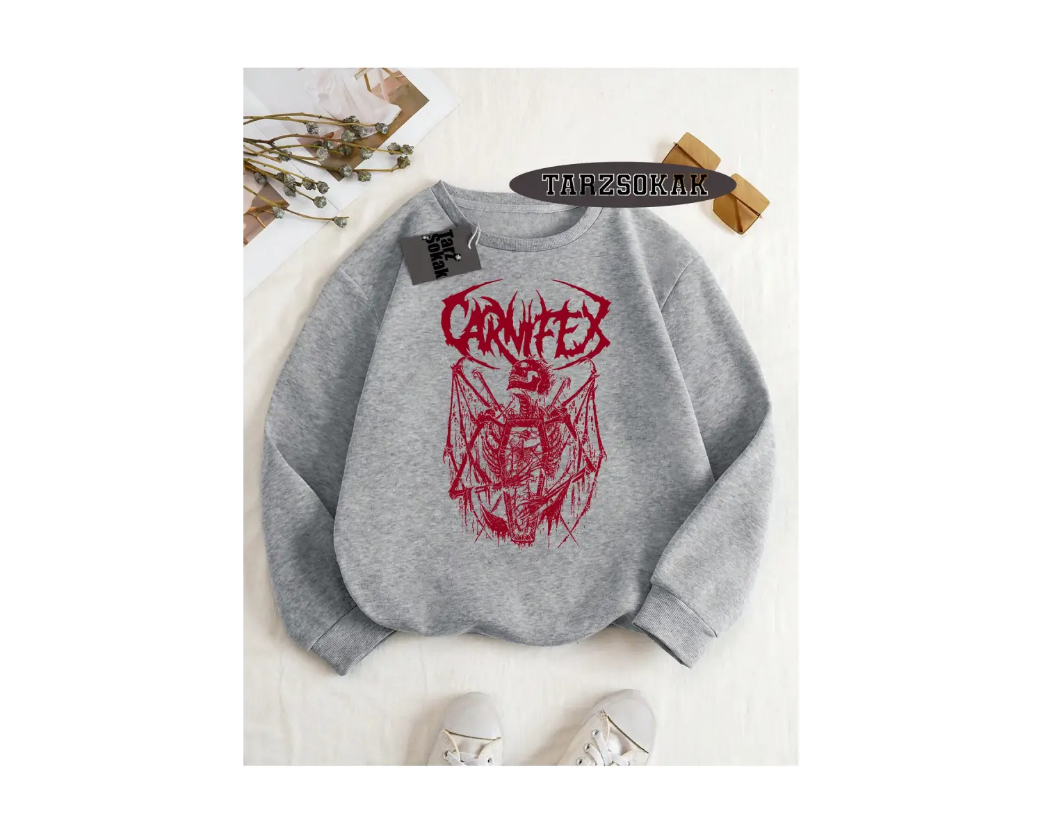Biskilet Yaka Sweatshirt Beyaz Carnifex Özel Tasarım