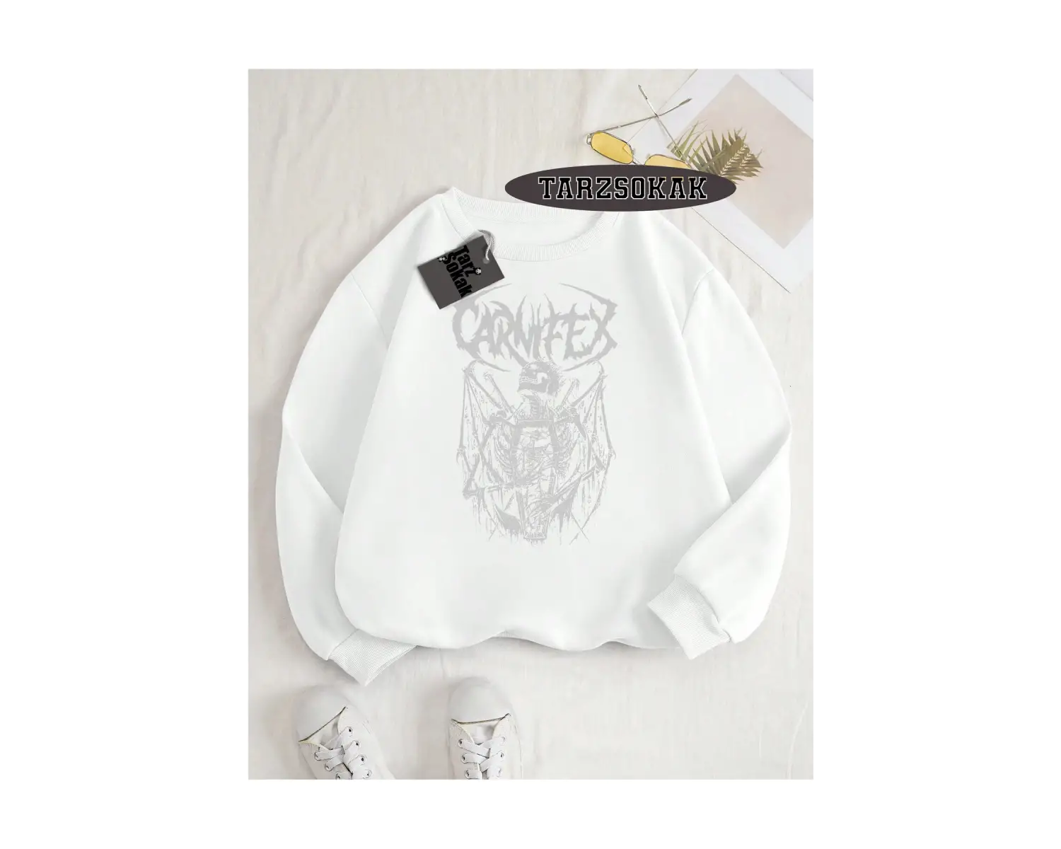 Biskilet Yaka Sweatshirt Beyaz Carnifex Özel Tasarım