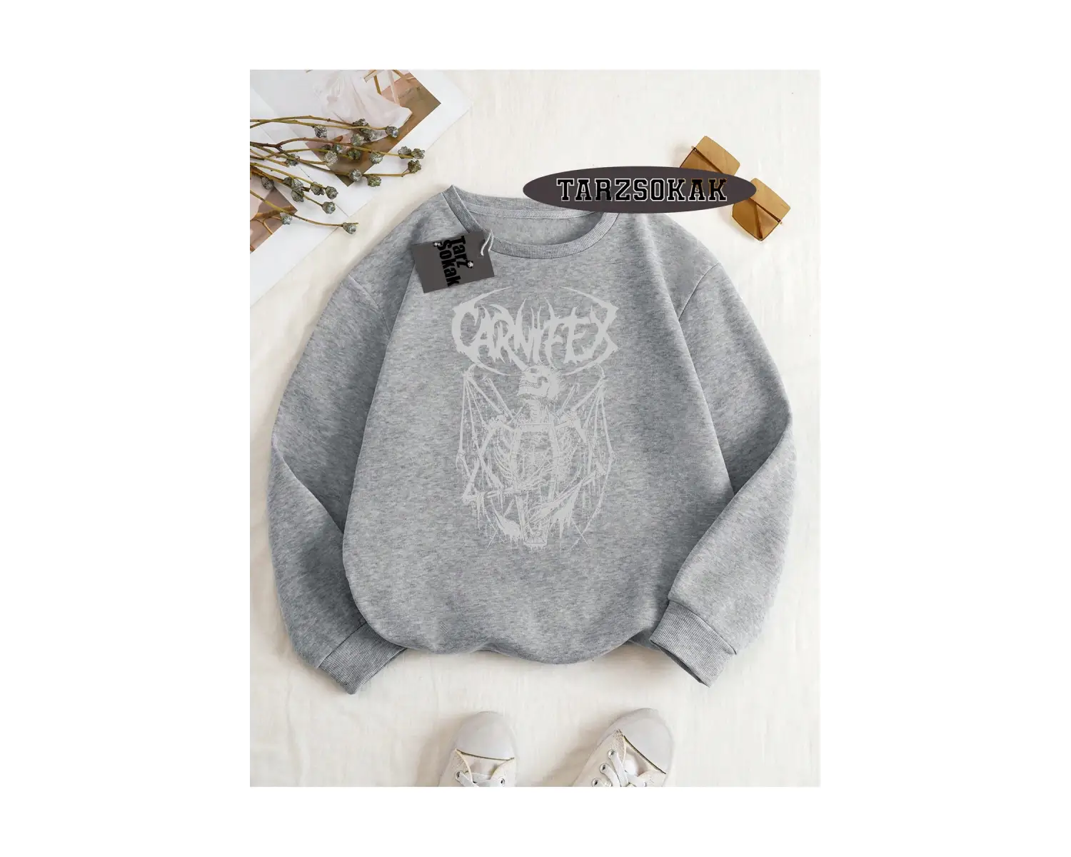 Biskilet Yaka Sweatshirt Beyaz Carnifex Özel Tasarım