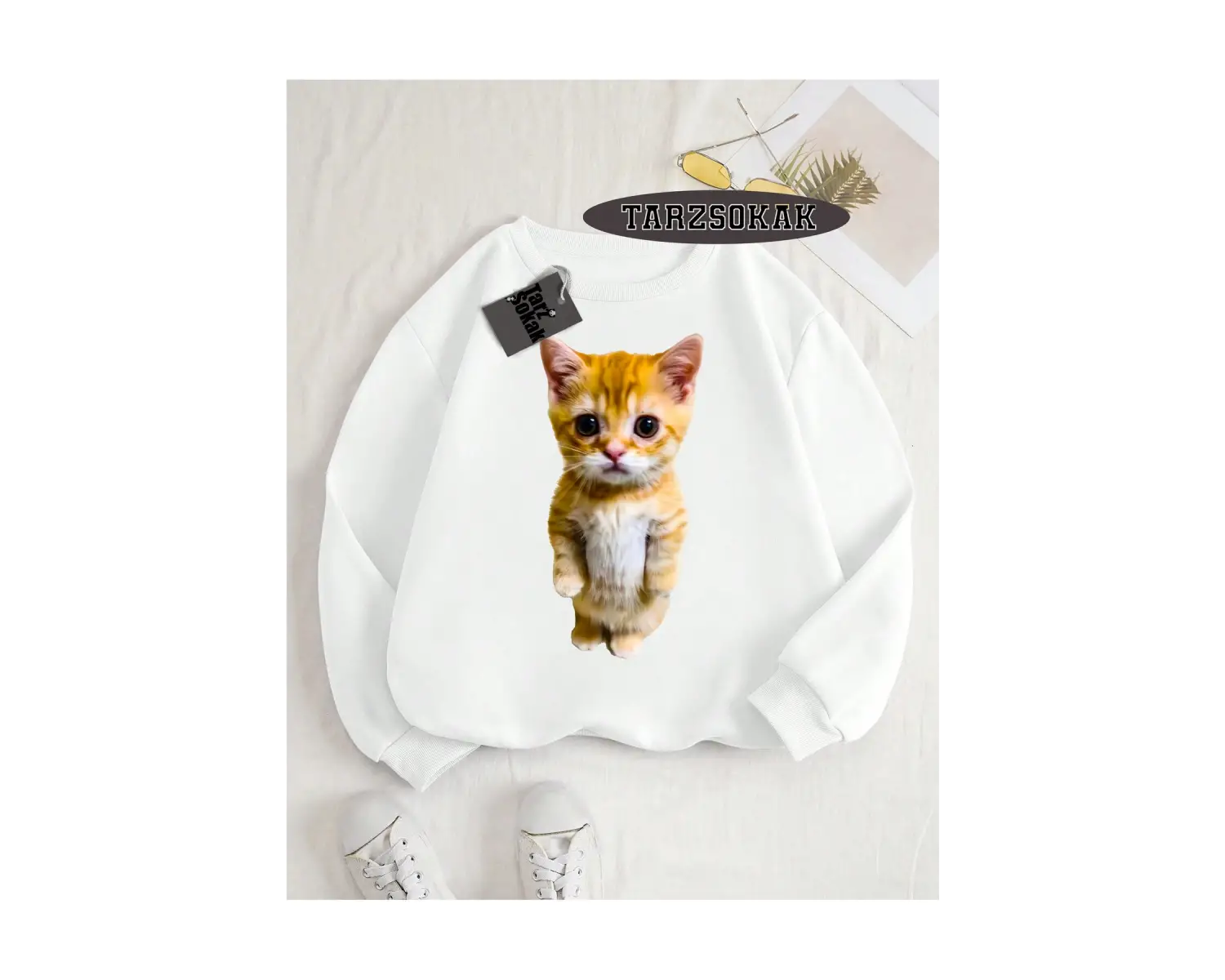 Biskilet Yaka Sweatshirt Beyaz EL GATO Özel Tasarım