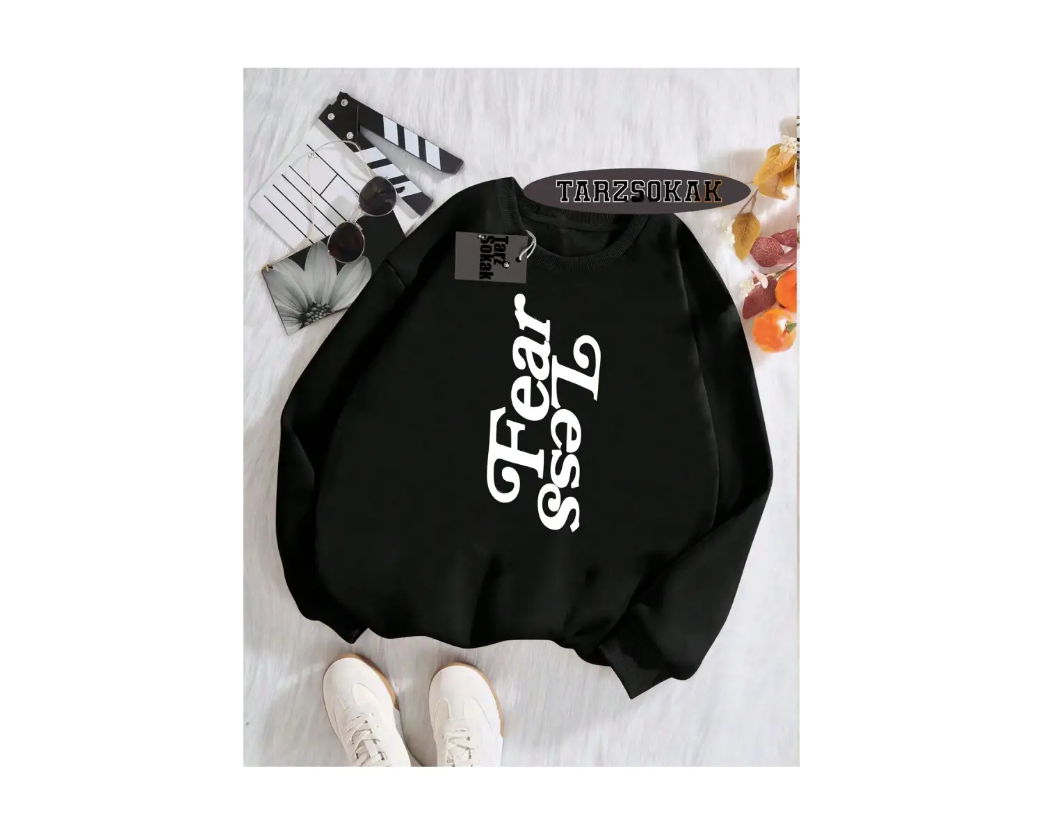 Biskilet Yaka Sweatshirt Beyaz Fear Less Özel Tasarım