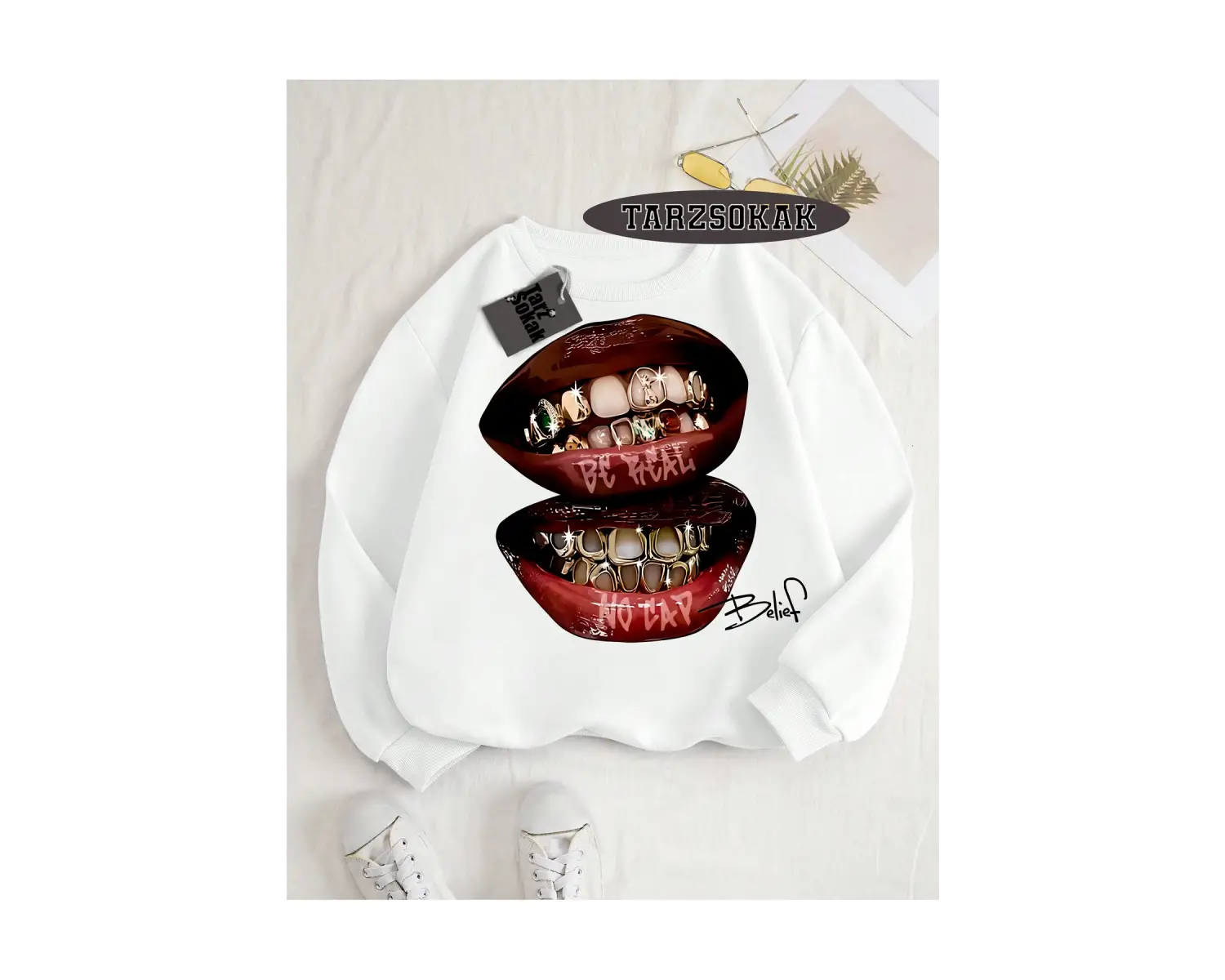 Biskilet Yaka Sweatshirt Beyaz Grillz Tee Özel Tasarım