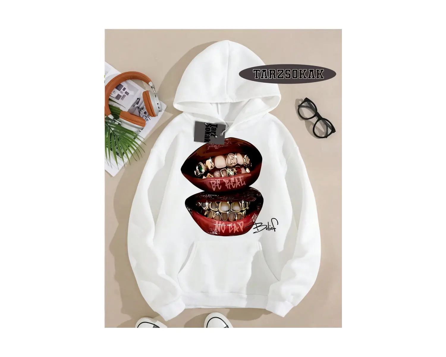 Biskilet Yaka Sweatshirt Beyaz Grillz Tee Özel Tasarım