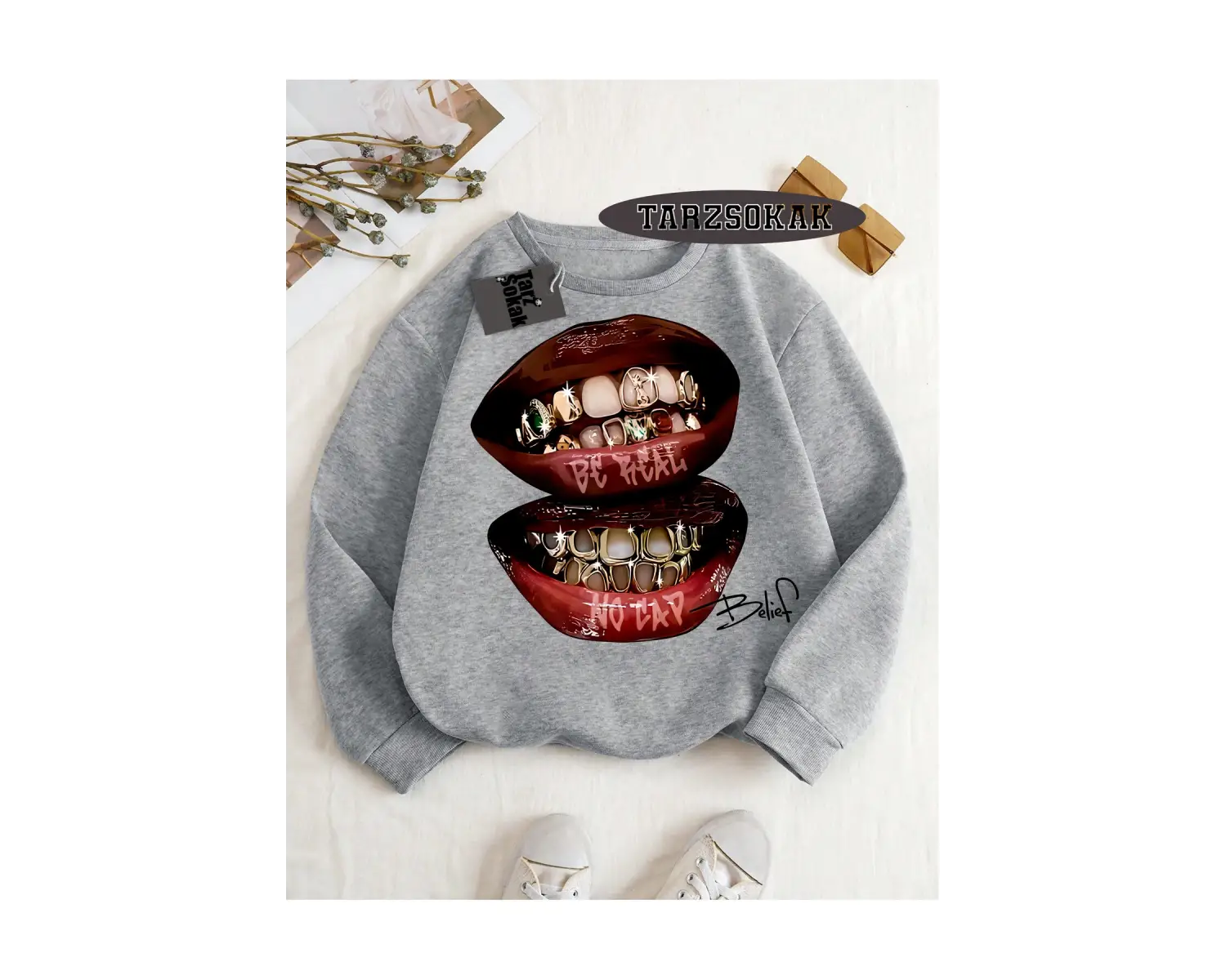 Biskilet Yaka Sweatshirt Beyaz Grillz Tee Özel Tasarım