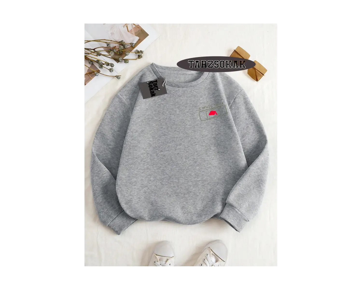 Biskilet Yaka Sweatshirt Beyaz I miss you Özel Tasarım