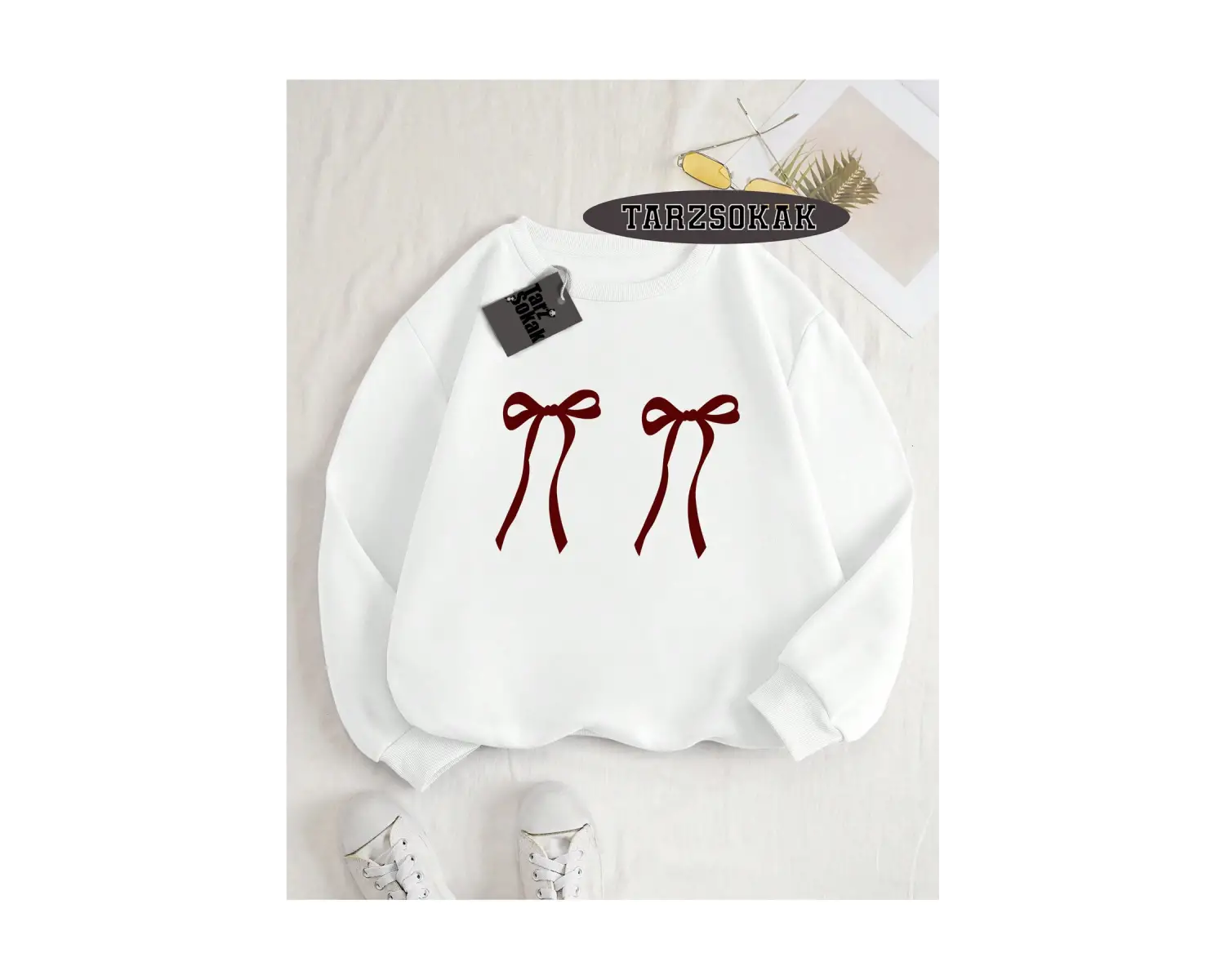 Biskilet Yaka Sweatshirt Beyaz Kurdela Özel Tasarım