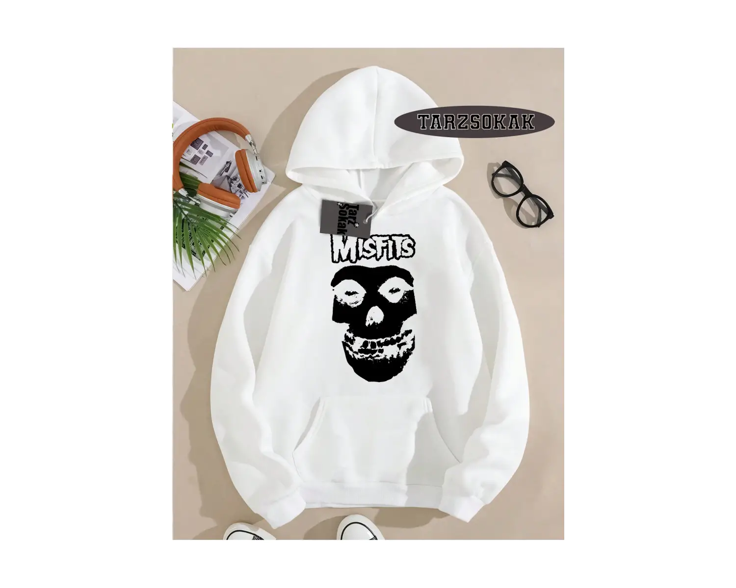 Biskilet Yaka Sweatshirt Beyaz Misfits Punk Özel Tasarım