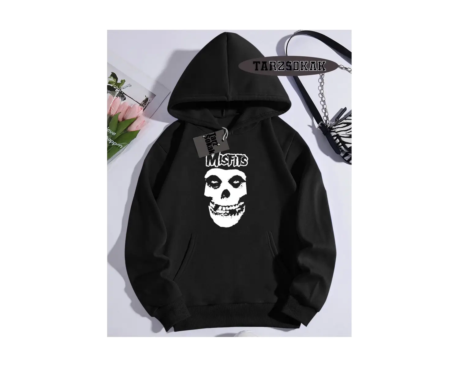 Biskilet Yaka Sweatshirt Beyaz Misfits Punk Özel Tasarım