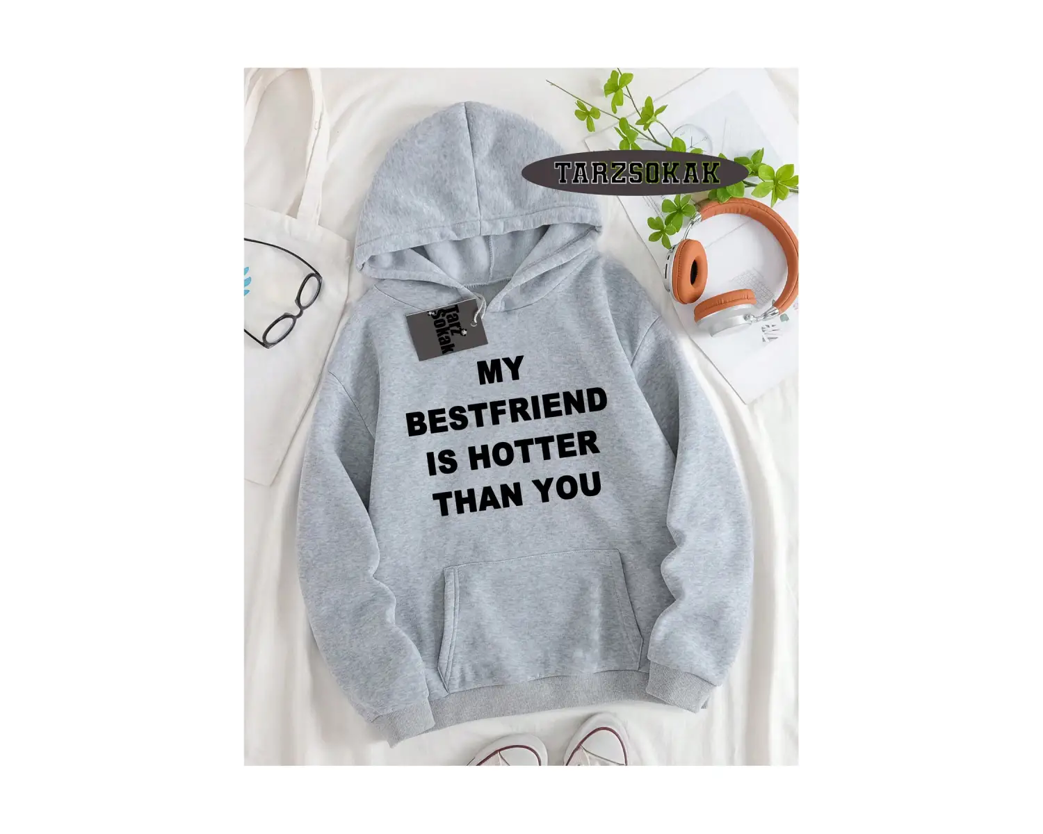 Biskilet Yaka Sweatshirt Beyaz my Bestfriend Özel Tasarım