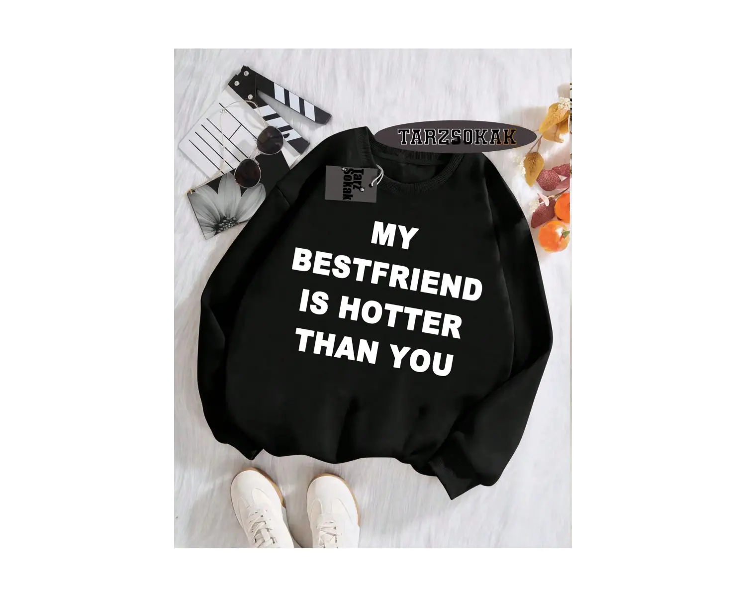 Biskilet Yaka Sweatshirt Beyaz my Bestfriend Özel Tasarım