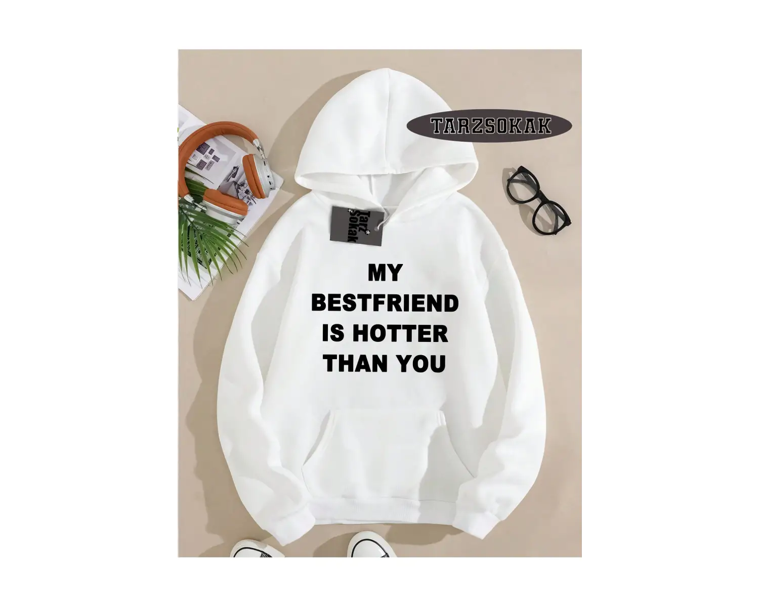 Biskilet Yaka Sweatshirt Beyaz my Bestfriend Özel Tasarım