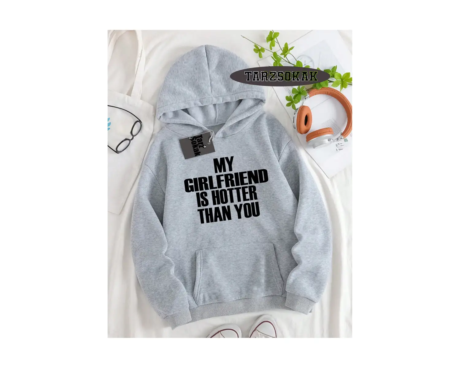Biskilet Yaka Sweatshirt Beyaz My Girlfriend Özel Tasarım