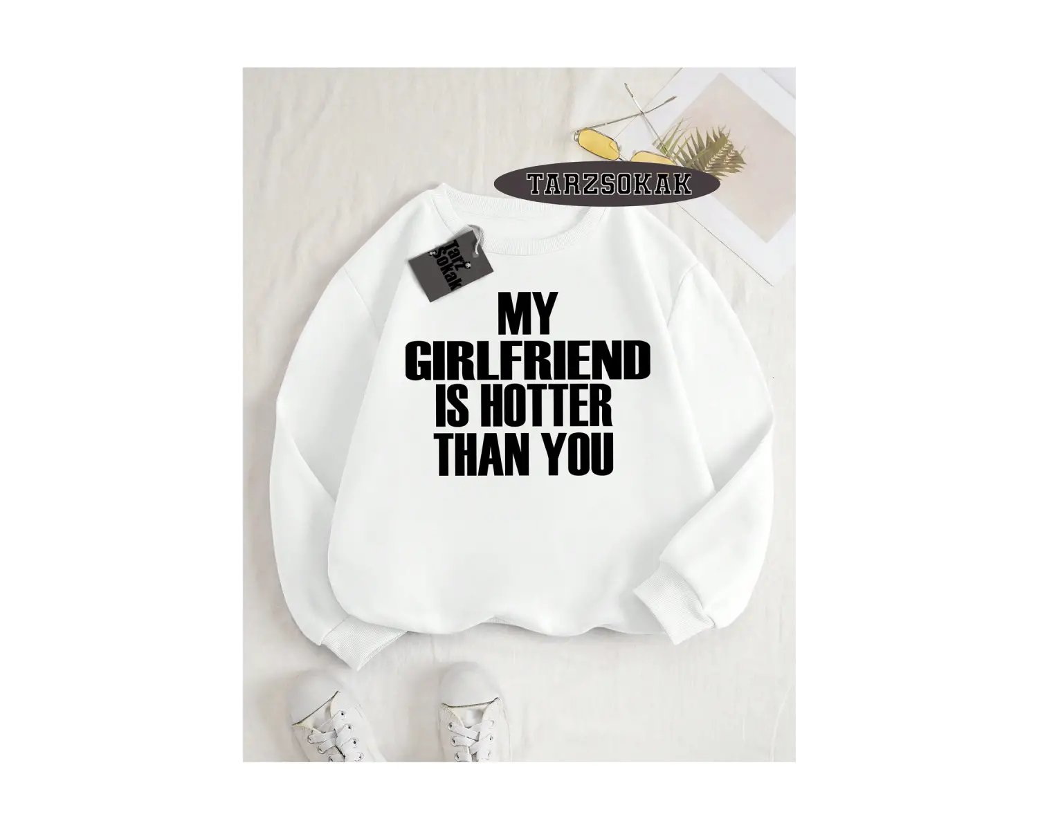 Biskilet Yaka Sweatshirt Beyaz My Girlfriend Özel Tasarım