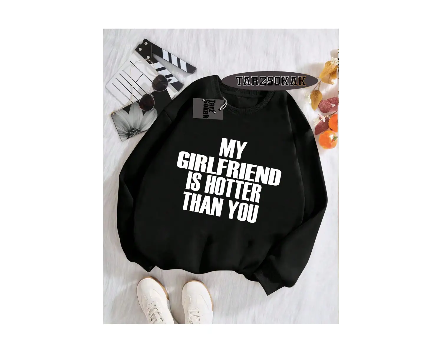 Biskilet Yaka Sweatshirt Beyaz My Girlfriend Özel Tasarım