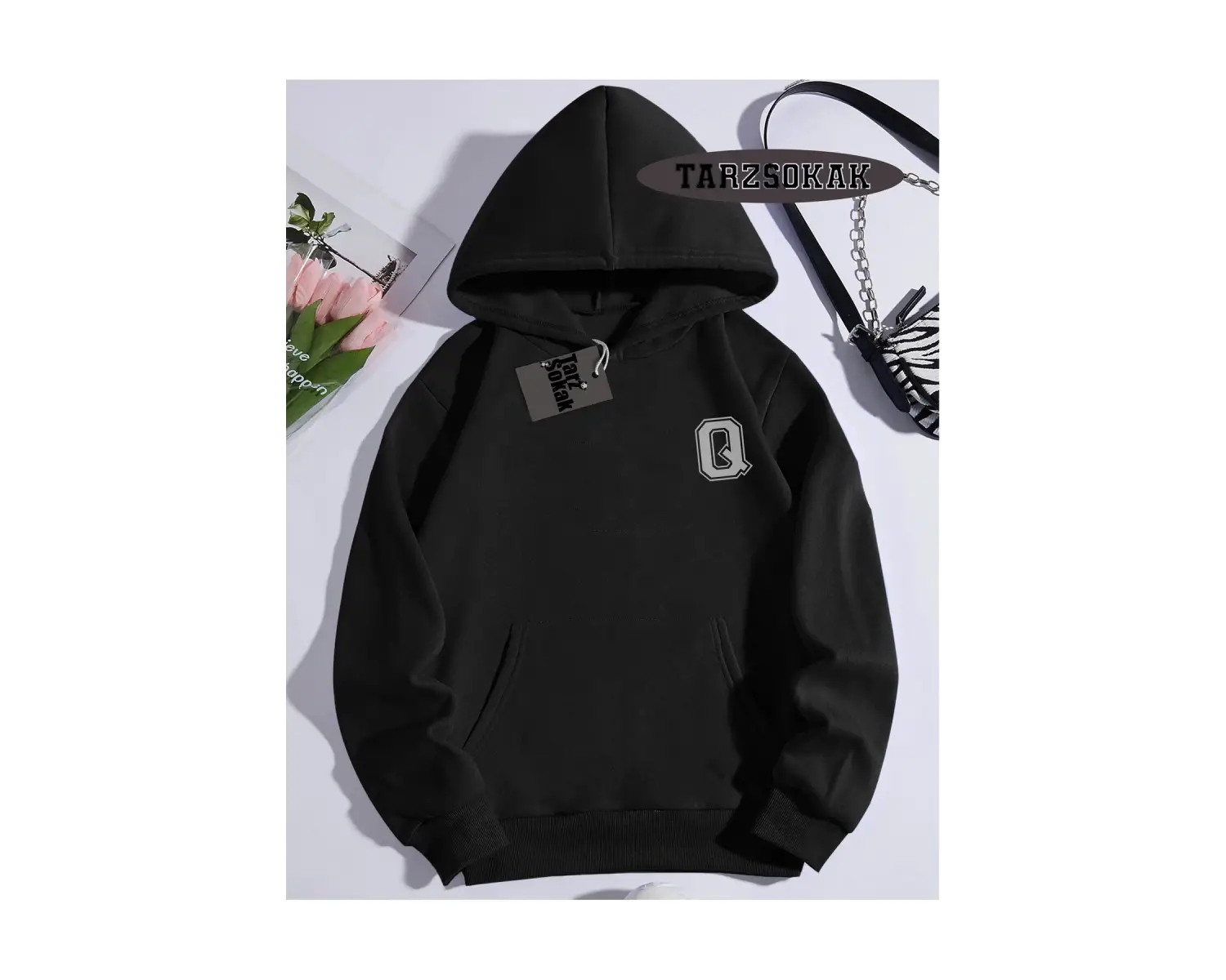 Biskilet Yaka Sweatshirt Beyaz Q HARFİ İSME Özel Tasarım