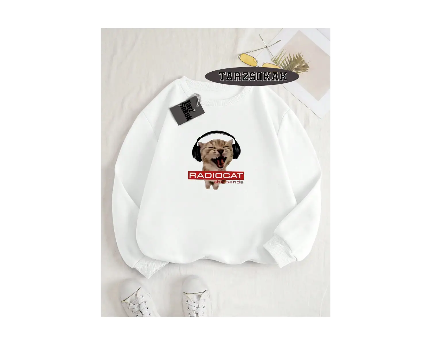 Biskilet Yaka Sweatshirt Beyaz Rock Grubu Radiohead Özel Tasarım