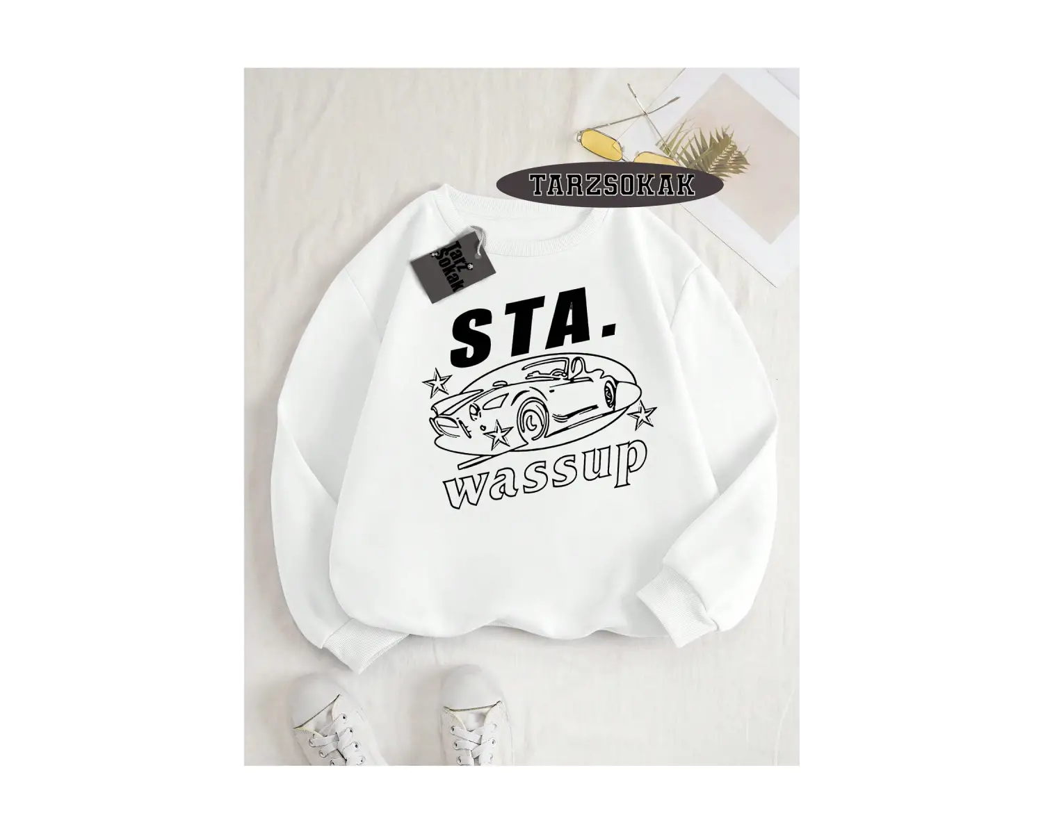 Biskilet Yaka Sweatshirt Beyaz STA. WASSUP Özel Tasarım