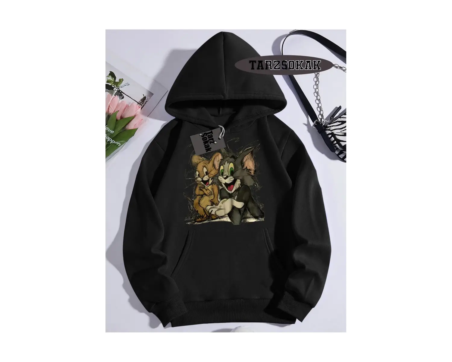 Biskilet Yaka Sweatshirt Beyaz Tom And Jerry Cartoons Özel Tasarım