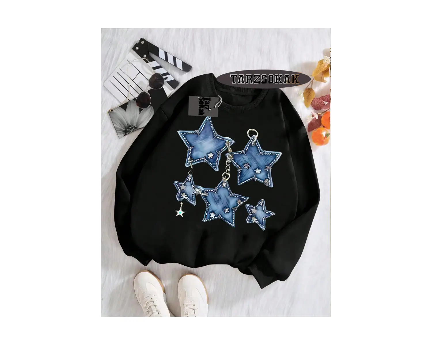 Biskilet Yaka Sweatshirt Beyaz YILDIZ DESENLİ Özel Tasarım