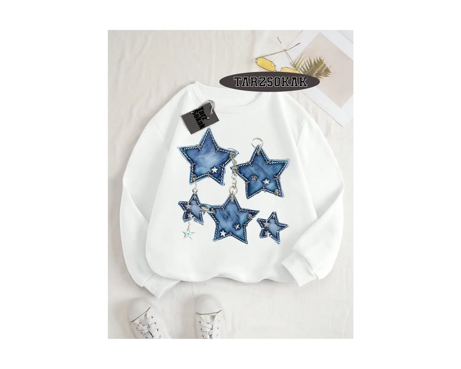 Biskilet Yaka Sweatshirt Beyaz YILDIZ DESENLİ Özel Tasarım