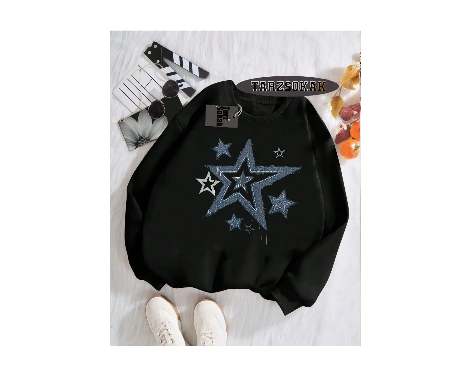 Biskilet Yaka Sweatshirt Beyaz YILDIZ DESENLİ Özel Tasarım