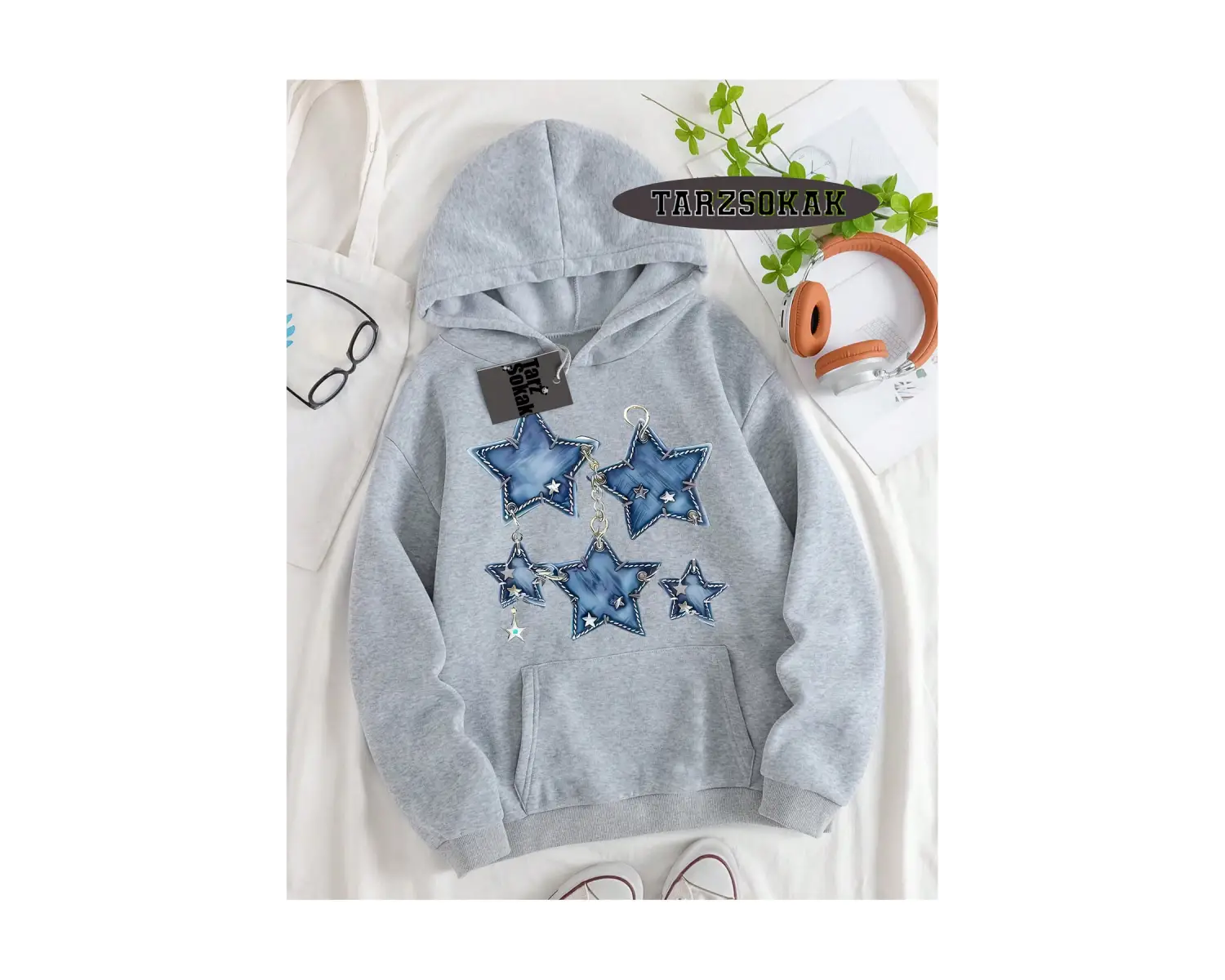 Biskilet Yaka Sweatshirt Beyaz YILDIZ DESENLİ Özel Tasarım