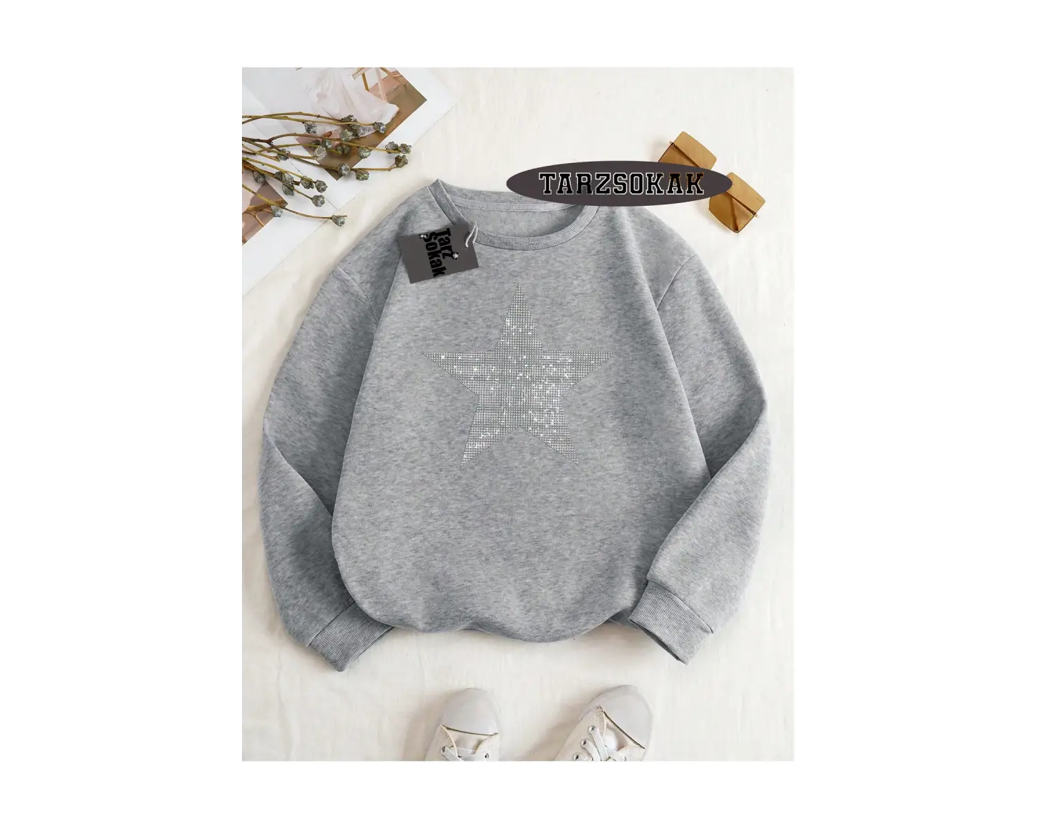 Biskilet Yaka Sweatshirt Beyaz YILDIZ DESENLİ Özel Tasarım