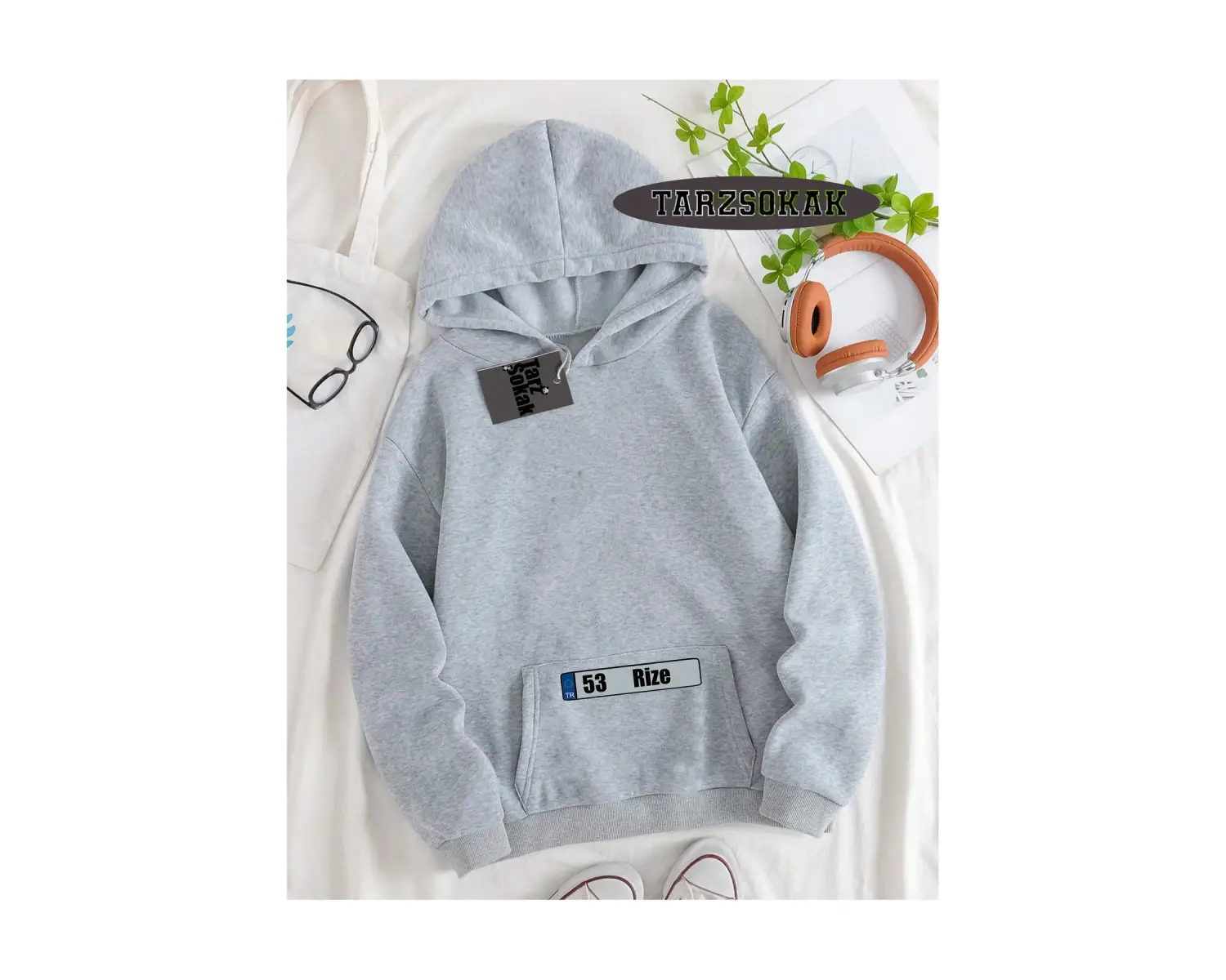 Biskilet Yaka Sweatshirt Gri 53 Rize Özel Tasarım Plaka Detaylı