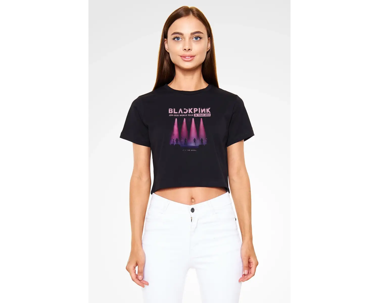 Black Pink Baskılı Kadın Siyah Crop Top Tişört