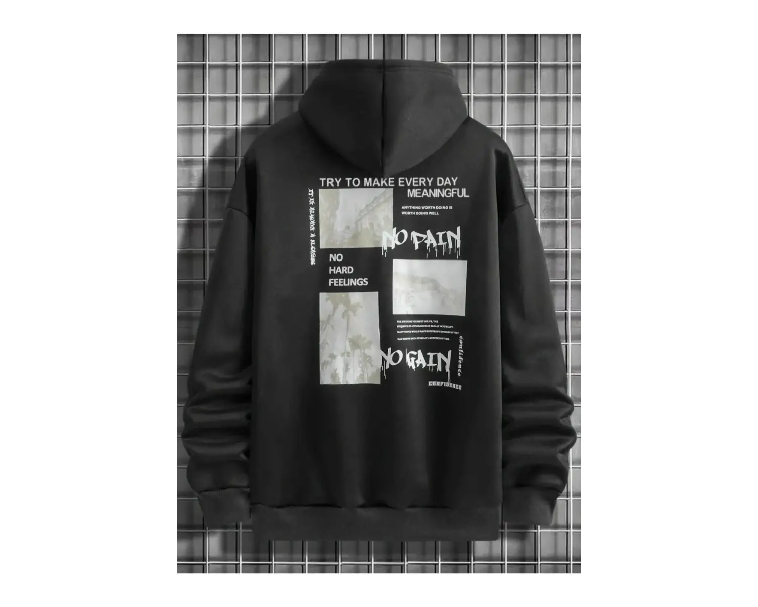 Black Sokak Beyaz No Pain No Gain Baskılı Oversize Kapüşonlu Sweatshirt